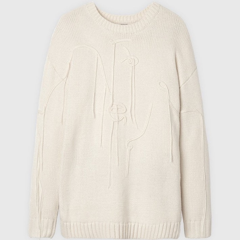 NWT Maniére De Voir Cream Line Art Chunky Knit Crew Neck Jumper
